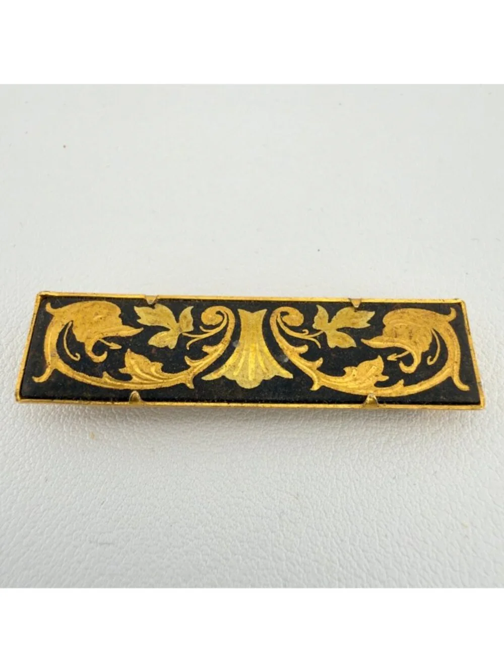 Vintage Damascene Tie Clip Bar Made In Spain Etched Gold Tone Black